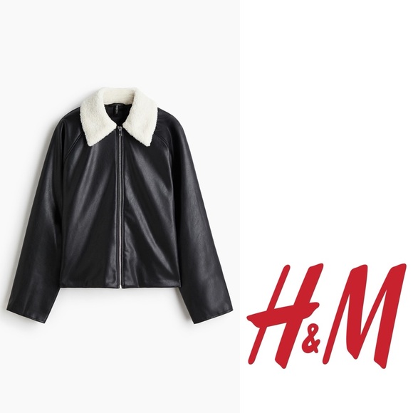 H&M Women's Bomber Jacket With Soft Teddy Fleece Collar Coat Top Size XL Black - Picture 2 of 8